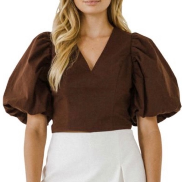 Endless Rose Tops - NWT Endless Rose Brown Puff Sleeve Chandler Cotton V- Neck Crop Top Blouse Sz M